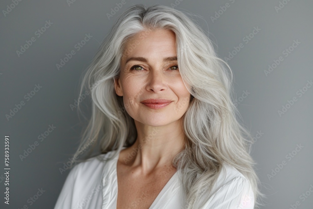 Elderly woman with grey hair wearing a white shirt. Suitable for lifestyle and healthcare concepts