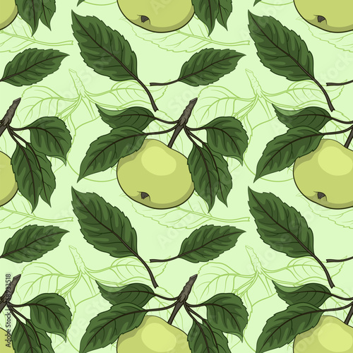 Seamless Background, Fruit Apple with Leaves and Contours, Tile Pattern. Vector