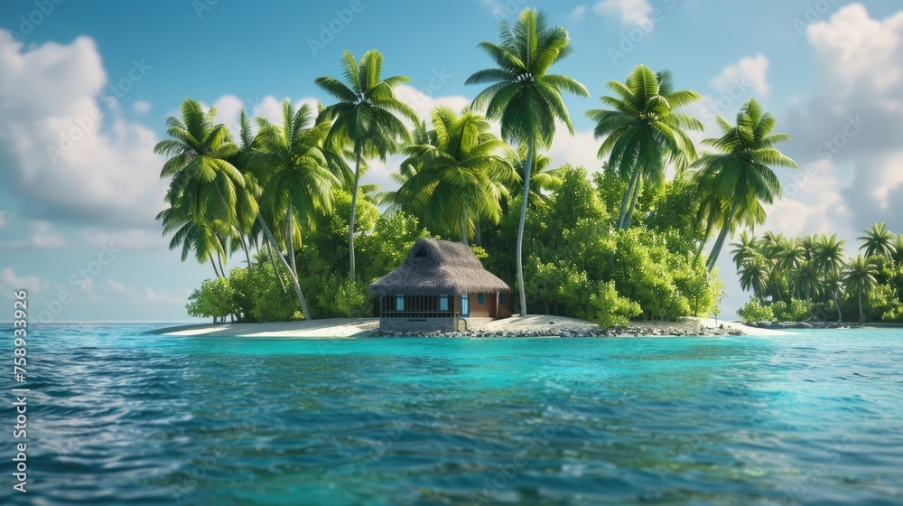 A serene island with a traditional thatched hut surrounded by palm trees. Perfect for travel and vacation concepts