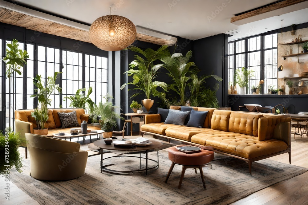 Fototapeta premium a contemporary lounge with a mix of eclectic furnishings, artistic decor, and a touch of greenery, showcasing the versatility of interior design.