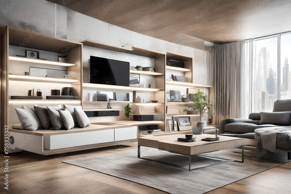 a modern and functional living space with integrated technology, sleek furnishings, and smart storage solutions, illustrating the future of interior design. a modern and functional living space with integrated technology, sleek furnishings, and smart storage solutions, illustrating the future of interior design.