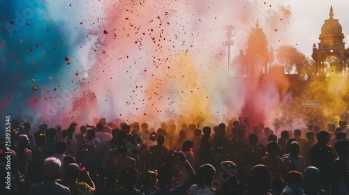 multi color holi colors over the crowd 