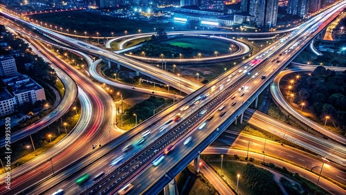 Aerial View of Road Traffic Jam on Multi-lane Highway at Night - Long Exposure City Scene