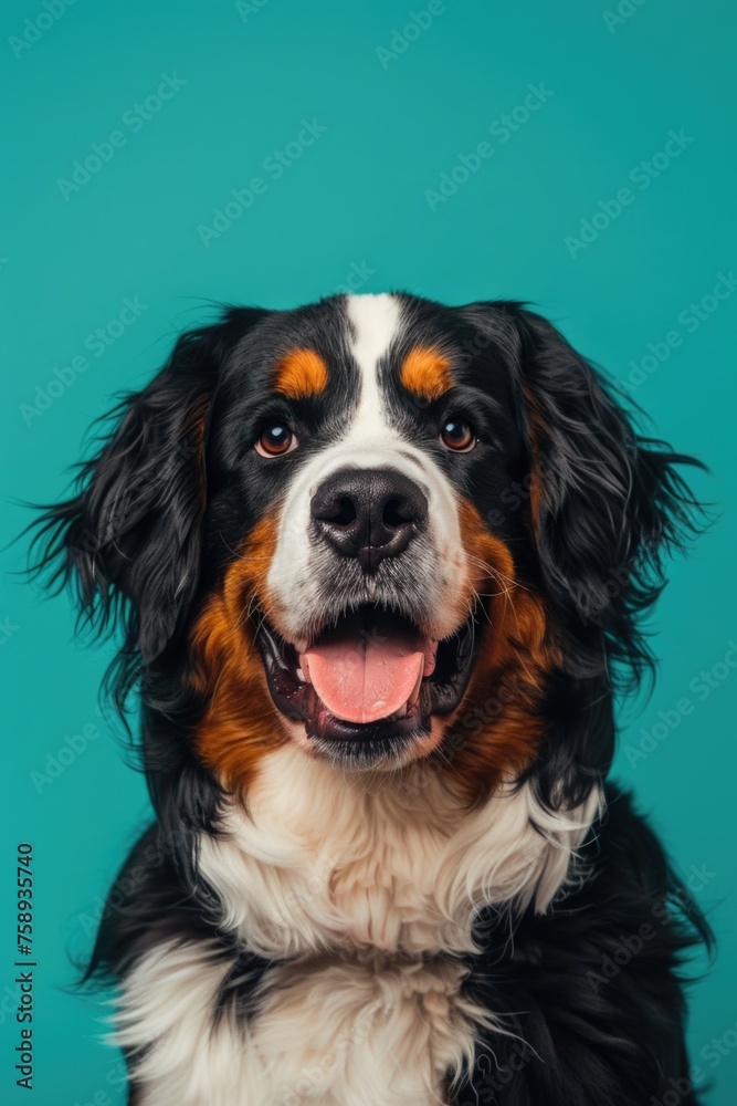 Close up of a dog against a blue background. Suitable for pet-related designs