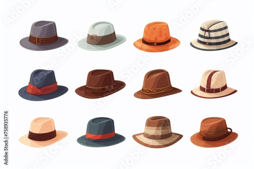 A variety of hats in different colors and patterns, perfect for fashion or accessories themes