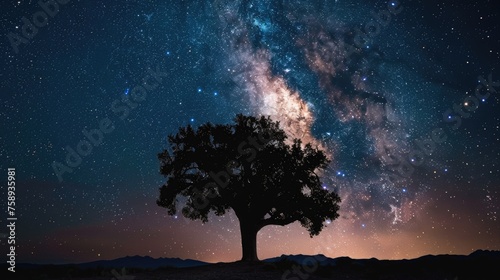 A single tree silhouetted against the Milky Way  capturing the awe-inspiring beauty of a star-filled night sky and the vastness of the universe.