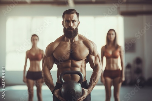 A man holding a kettlebell in a gym. Perfect for fitness and workout concepts photo