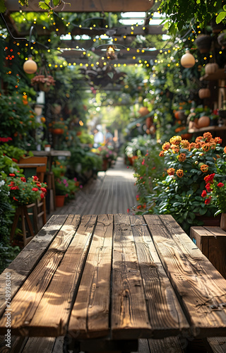 Rustic Wooden Table in blooming Outdoor Cafe: Exuding Warmth and Charm