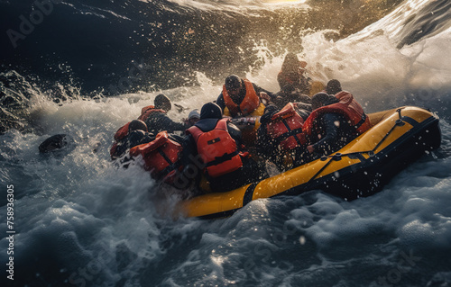 group of refugees in life jackets on a rubber boat in the middle of raging waves in the ocean migration crisis problems of the future, Generated AI