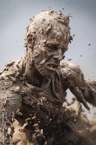 Close up of a person covered in mud, suitable for outdoor and adventure themes