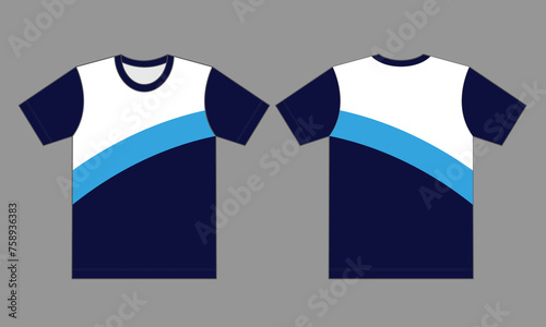 White-blue-navy short-sleeves t-shirt design on a gray background. Front and back views, vector file.
