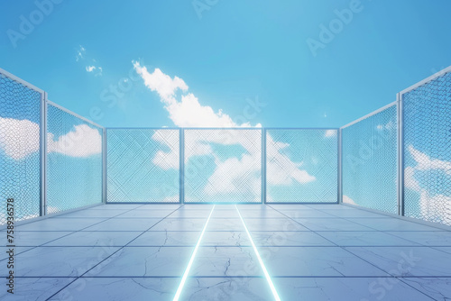 Blank open air presentation stage with glowing light between fence and floor and blue sky on background. 