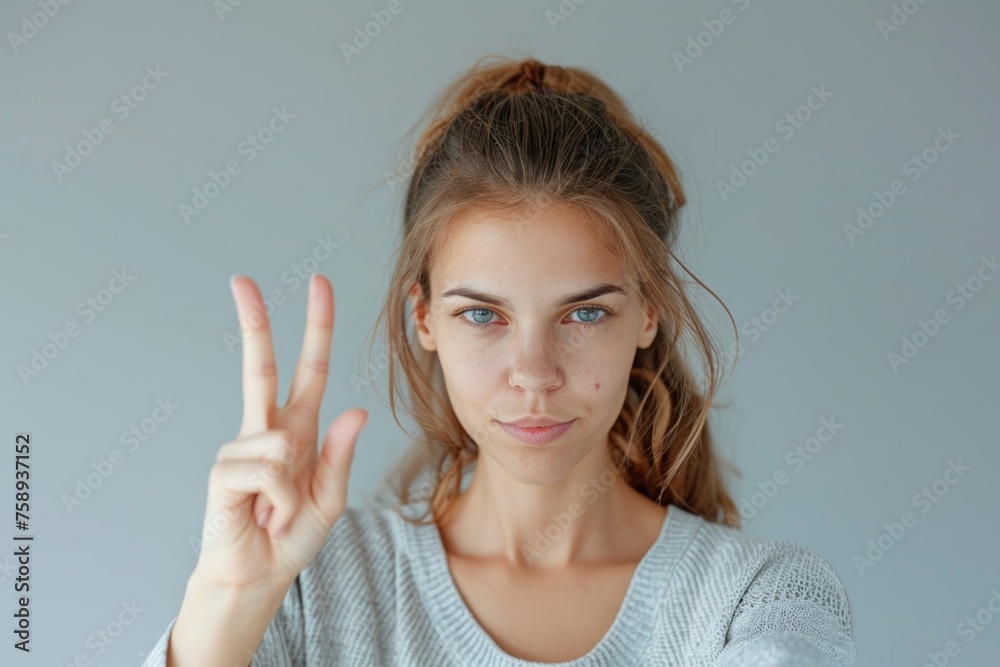 A woman posing with a peace sign gesture. Suitable for various social concepts A woman posing with a peace sign gesture. Suitable for various social concepts