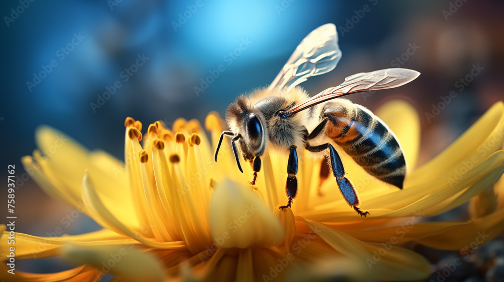 Bee gathering nectar from a flower - obrazy, fototapety, plakaty 