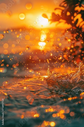 Beautiful sunset over the ocean with waves splashing. Ideal for travel and nature concepts