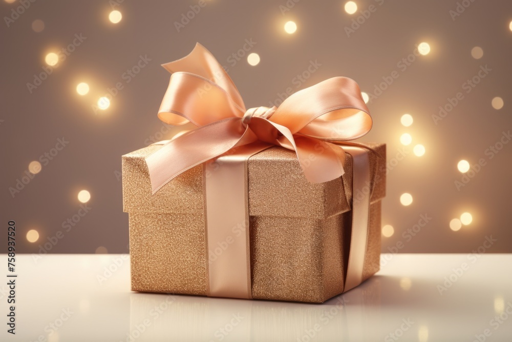 A luxurious gold gift box with a delicate pink bow, perfect for special occasions A luxurious gold gift box with a delicate pink bow, perfect for special occasions