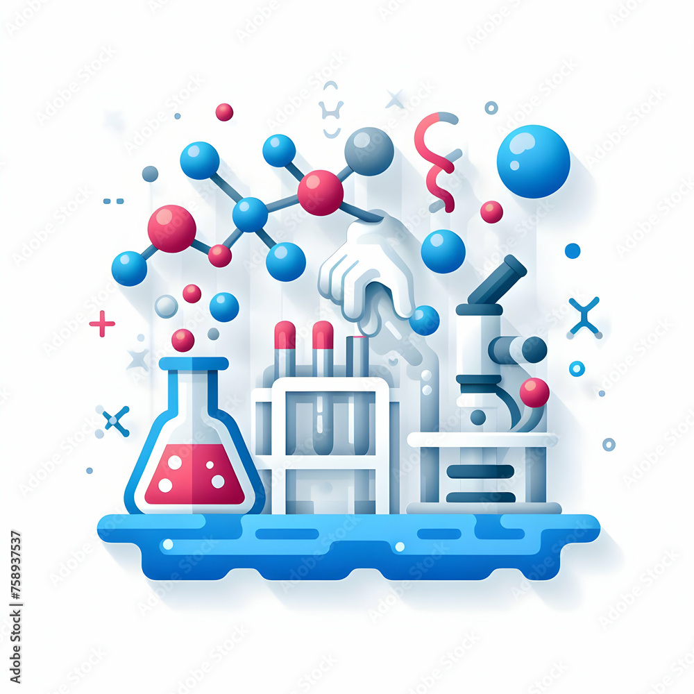 3d flat icon for occupasion concept Scientist Lab with Beakers and Molecules in Motion with isolated white background and cute cartoon