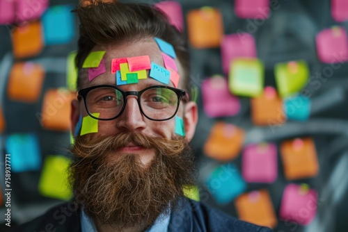 Bearded office worker covered with colorful sticker note