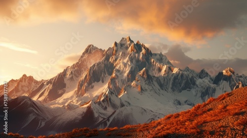 A scenic view of a mountain range covered in snow. Perfect for nature and travel concepts #758937787