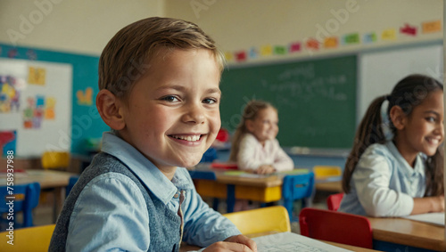Portrait of a smiling child sitting in a chair inside a classroom