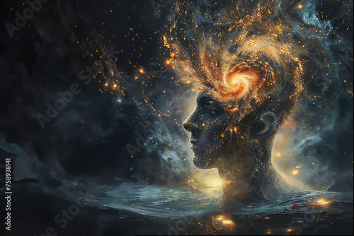 A fusion of human contemplation and a galactic swirl, representing the search for understanding within the vast universe