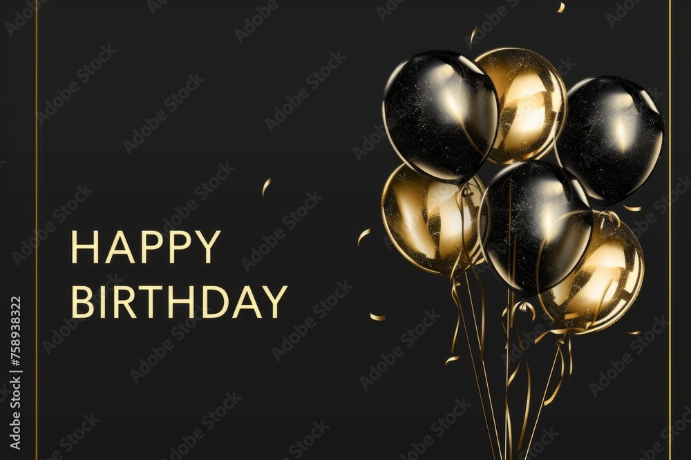 A sleek and modern vector illustration of balloons with golden outlines, floating against a deep black background for an elegant touch HAPPY BIRTHDAY Generative AI A sleek and modern vector illustration of balloons with golden outlines, floating against a deep black background for an elegant touch HAPPY BIRTHDAY Generative AI