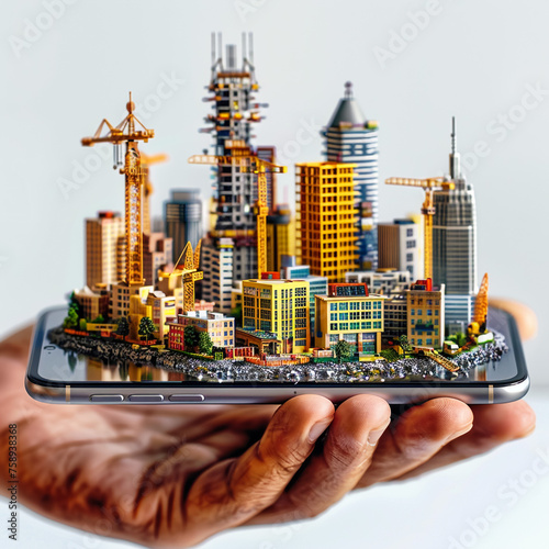 Modern city model on smartphone in women's hand holding isolated on white background with clipping path