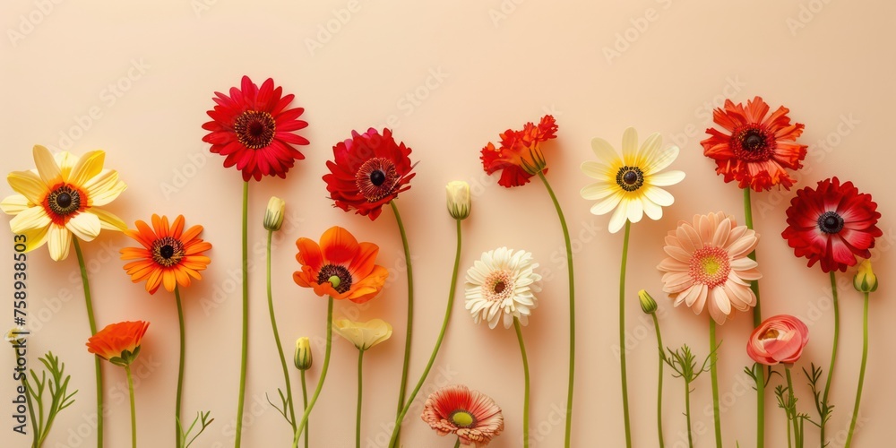 beautiful photo with copy space of: top view beautiful vivid spring flower minimalistic arrangement, against simple pastel beige background beautiful photo with copy space of: top view beautiful vivid spring flower minimalistic arrangement, against simple pastel beige background