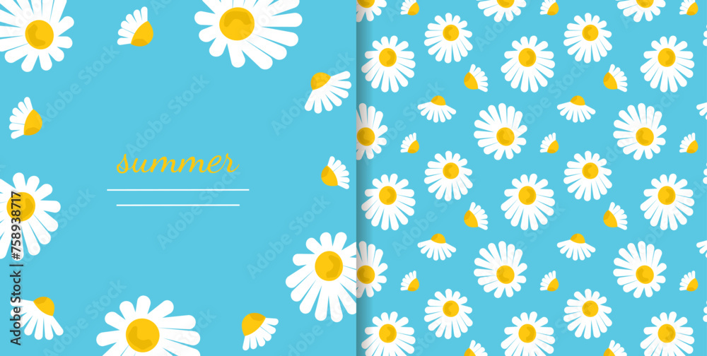 Greeting card and seamless pattern for paper gift bag. White daisies and text summer on a blue background. Wildflowers. Vector cartoon illustration for packaging and wrapping paper. Bright banner.