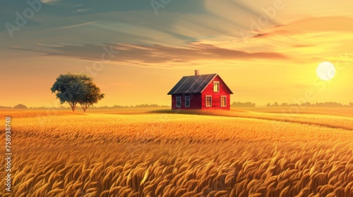 A house in a field with trees and sun setting, AI