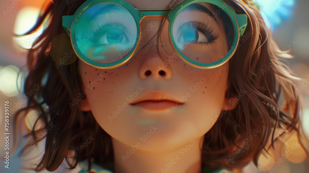 A close up of a girl with green glasses looking at something, AI A close up of a girl with green glasses looking at something, AI