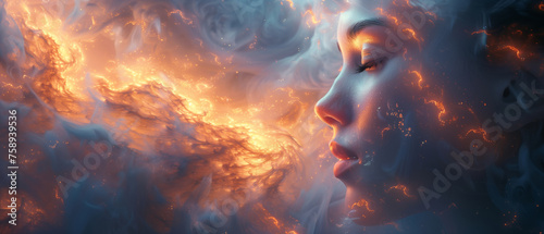 Attractive woman face, eyes closed on orange fire galaxy with dust and smoke, fantasy dream, abstract banner background