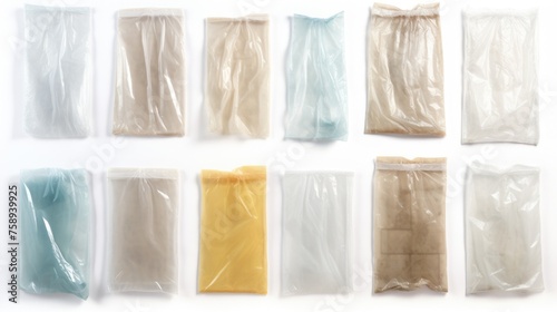 Various colored plastic bags on a plain white background. Suitable for environmental, recycling, and shopping concepts