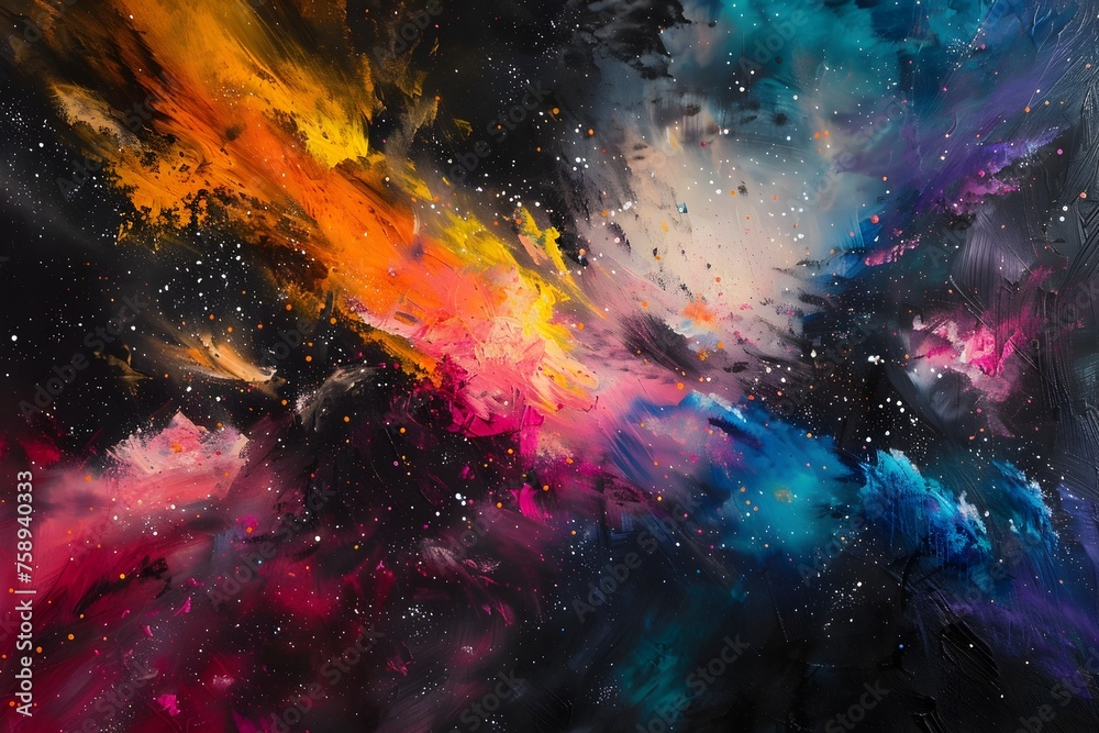 Vibrant Galactic Energy Eruption A Hyper-Realistic Oil Painting Depicting an Explosion of Colorful Nebulae and Stars against a Deep Space Background