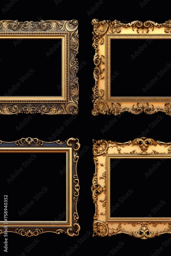 Elegant set of four gold frames on a black backdrop, perfect for adding a touch of luxury to any design project Elegant set of four gold frames on a black backdrop, perfect for adding a touch of luxury to any design project