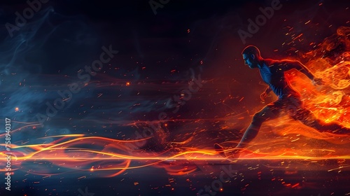 Athlete in Motion Running with Flames, Embodying Power and Energy