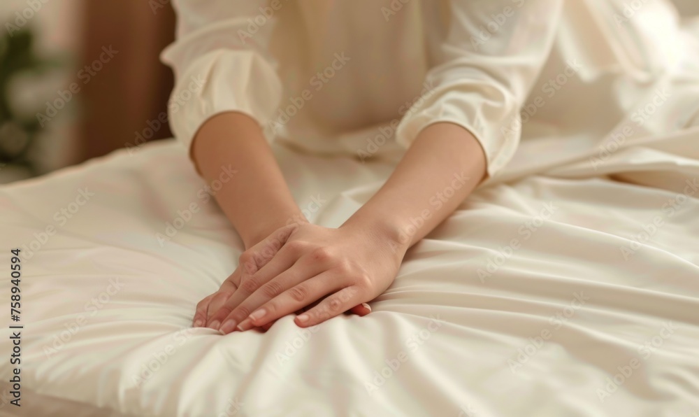 Female hands on a white soft mattress Female hands on a white soft mattress