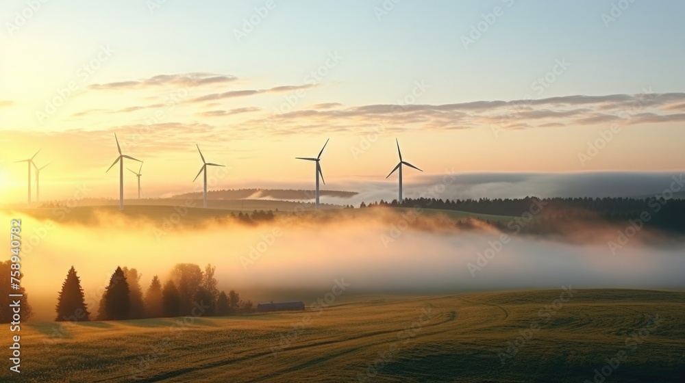 Wind turbines on a lush green hillside, perfect for environmental concepts Wind turbines on a lush green hillside, perfect for environmental concepts