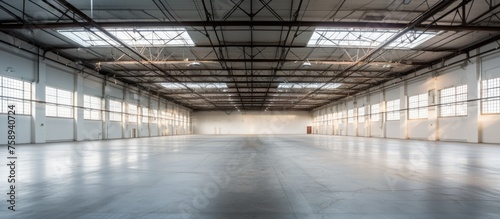 Empty warehouse interior, large and bright space filled with natural light