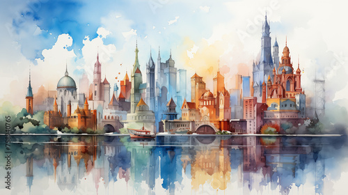 Watercolor illustration of a fantasy cityscape with an array of whimsical spires and towers, reflected beautifully in the water below.