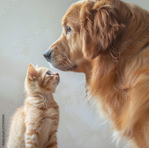 Golden retriever dog and a stunning kitten on a stark white background, both intensely locking eyes with the lens. The golden retriever dramatically tilts its head to the side. photo