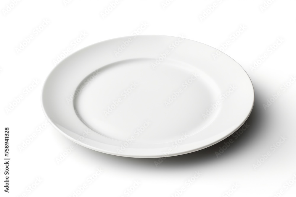Minimalistic white plate on a clean white background. Perfect for food photography or product displays Minimalistic white plate on a clean white background. Perfect for food photography or product displays