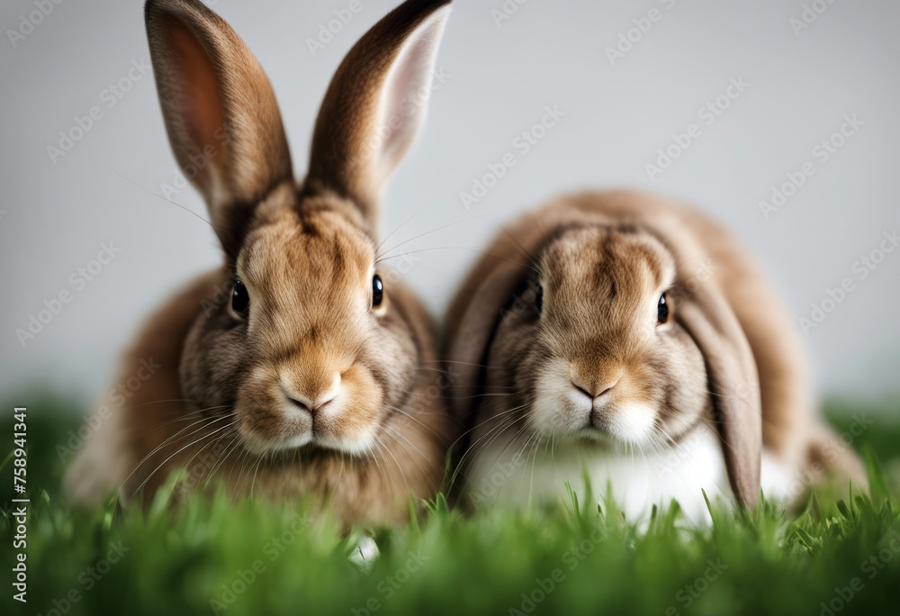 Obraz premium Rabbit white Lop front background couple Isolated Easter Animal Face Portrait Cute Eyes Young Pet Mammal Fur Domestic Rodent Bunny Ear Smooth