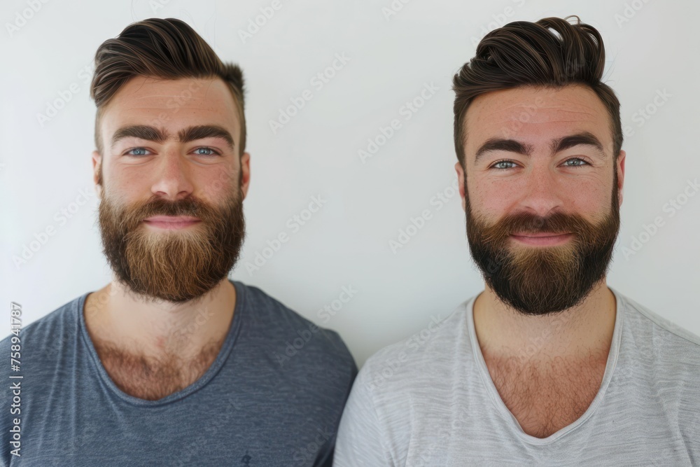 Handsome man with a beard and the same man without a beard, side by side Handsome man with a beard and the same man without a beard, side by side