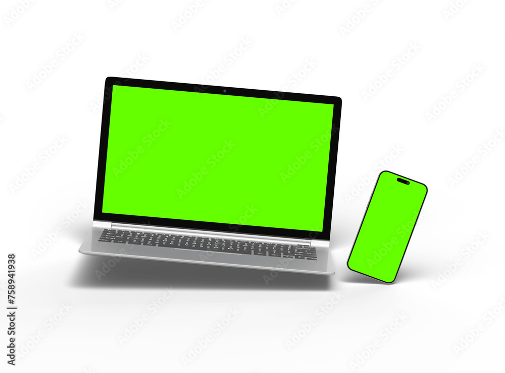 3D Render of laptop and phone with green screen on a transparent background 3D Render of laptop and phone with green screen on a transparent background
