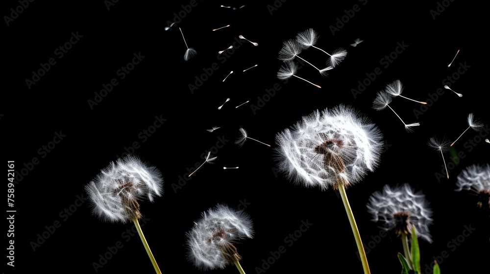 Naklejka premium Dandelions blowing in the wind, suitable for nature-themed designs