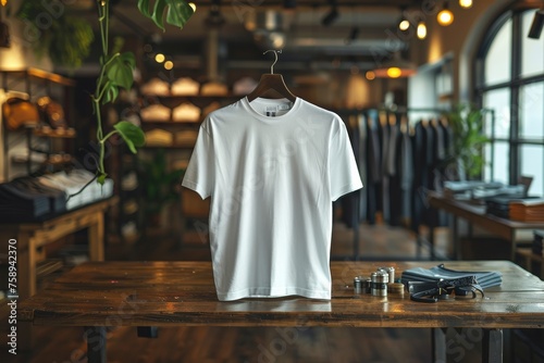 A white t shirt is displayed on a table with a notebook and a potted plant