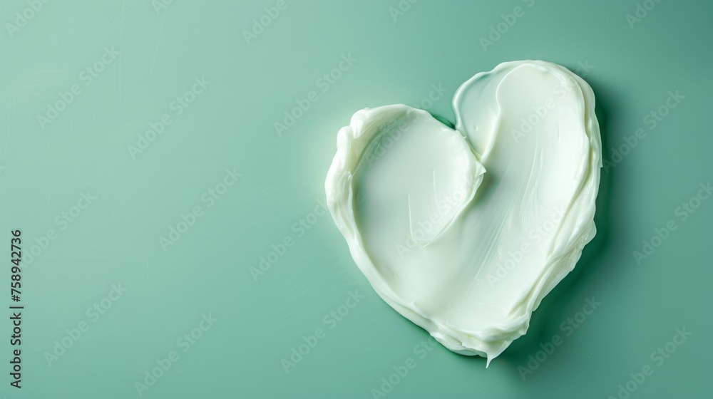 Intensive white skincare repair cream in a heart shape on a healing green background Intensive white skincare repair cream in a heart shape on a healing green background