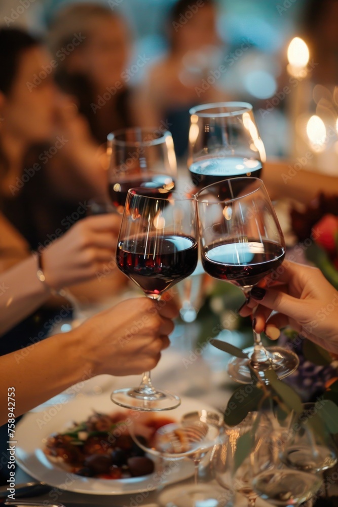 A group of people raising their wine glasses in a toast. Ideal for celebrations and social events