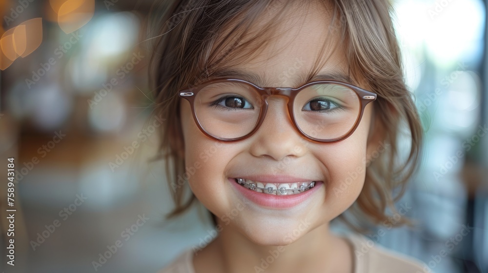 Healthy smile of an Asian child girl with braces in close-up.Orthodontic treatment. Panoramic image Healthy smile of an Asian child girl with braces in close-up.Orthodontic treatment. Panoramic image